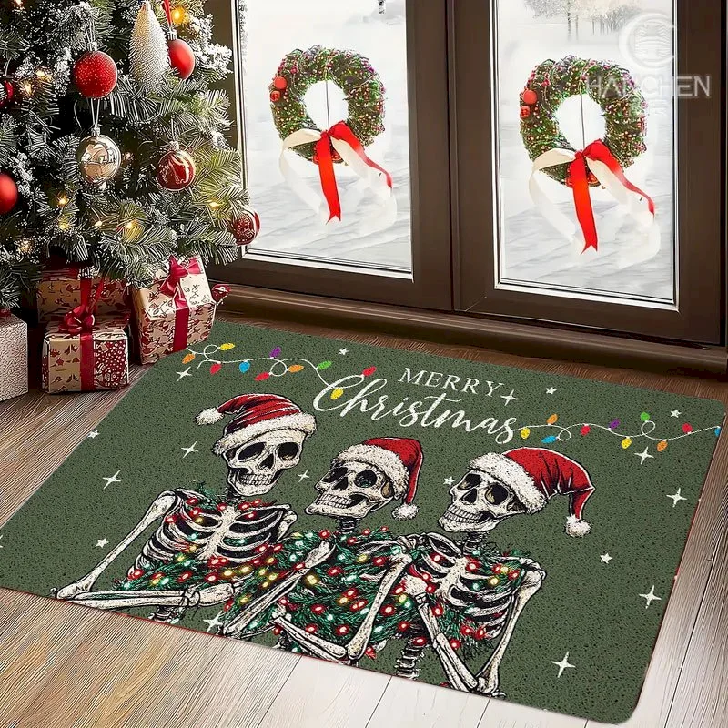 VIKAMA Skeleton Christmas Door Mat Merry Christmas Skeleton Print Indoor and Outdoor Gothic Soft Carpet Home Decoration