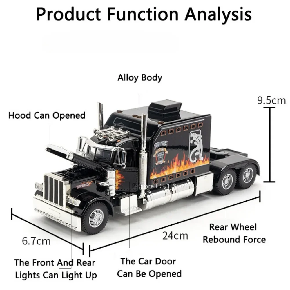 1:24 peterbilt 389 caminhão de brinquedo modelo carro diecast portas de metal aberto tratores veículos modelos som luz puxar para trás presentes para criança