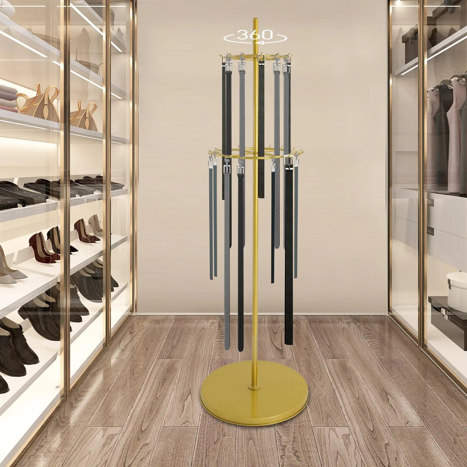 

66.1In-Gold Belt Display Tie & Scarf Rack, 360 ° Rotation Belt Hanger Tie Rack Holder Floor Standing Jewelry Necklaces Organizer S