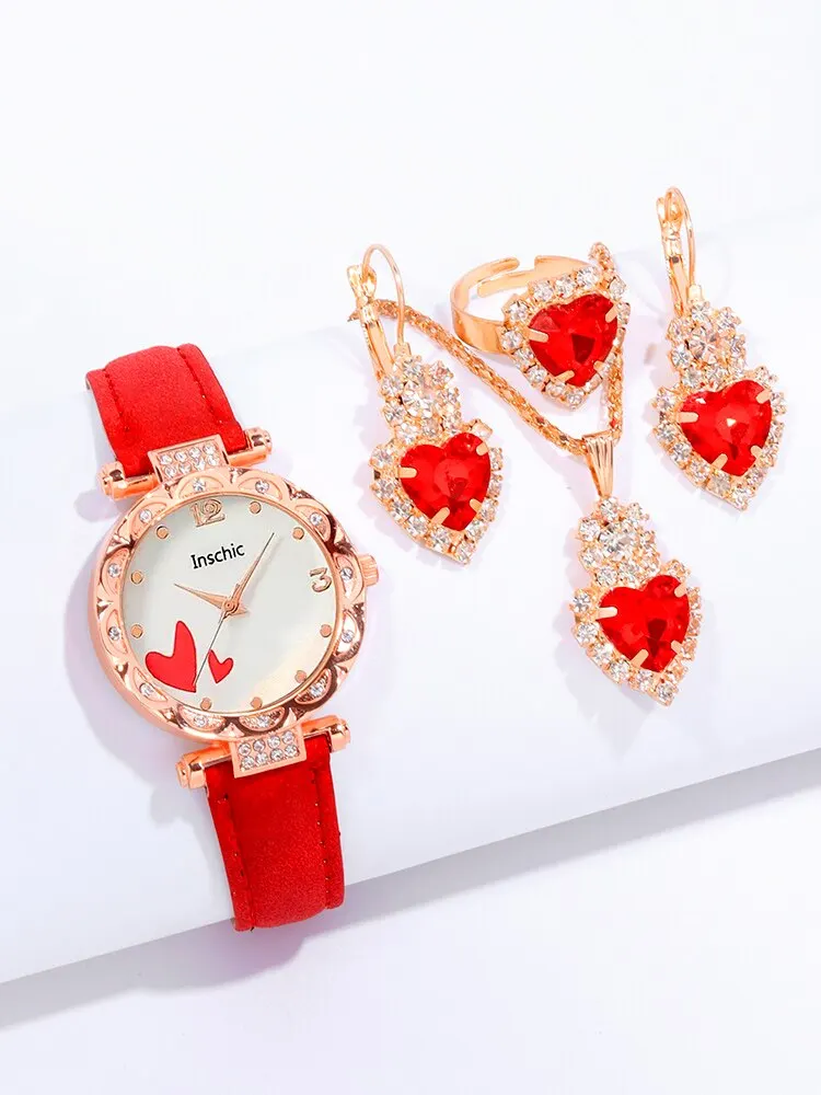 5pcs Fashion Trend Love Diamond Set Women\'s Red Belt Quartz Watch+Pendant Necklace+Earrings+Ring Combination Set, Gift Set