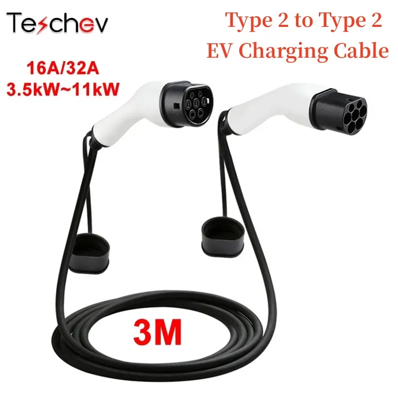 Teschev EV Charging Cable Type2 16A 3 Phase Electric Vehicle Cord 3M Type 2 IEC 62196 EVSE Charging Station Female to Male Plug