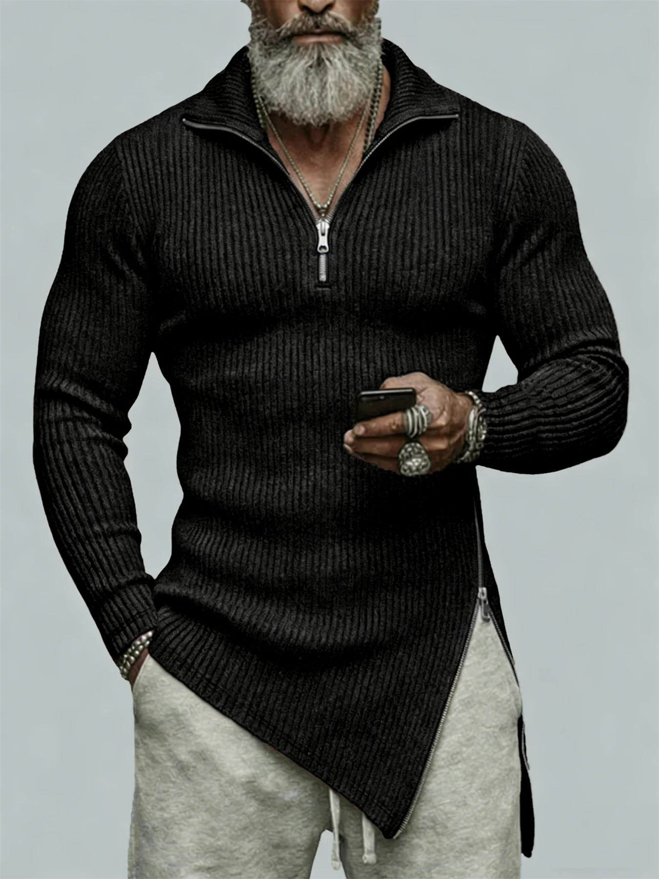 Autumn, Men's Quarter-Zip T-Shirt, Slim-Fit Sweater, Stand-Collar Sweater, Casual Long-Sleeve T-Shirt, Warm Base Layer Top