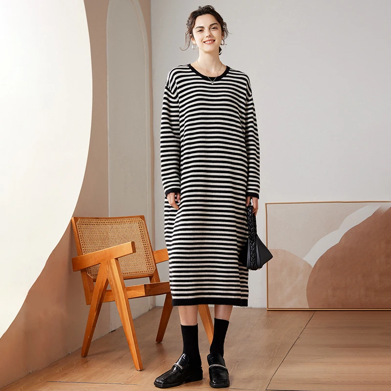 Lazy Fashion Stripes 100% Pure Cashmere Dress for Women Autumn and Winter New Korean Loose Mid Length Knitted Cashmere Skirt