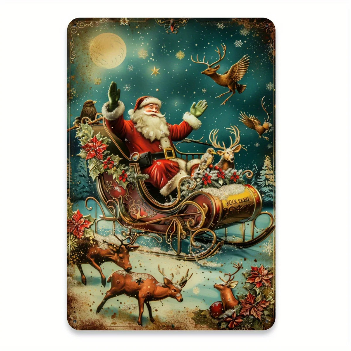 Vintage Santa Metal Tin Sign - 8x12 Inch Festive Wall Art with Santa Claus, Reindeer & Winter Scene - Indoor/Outdoor Holiday Dec
