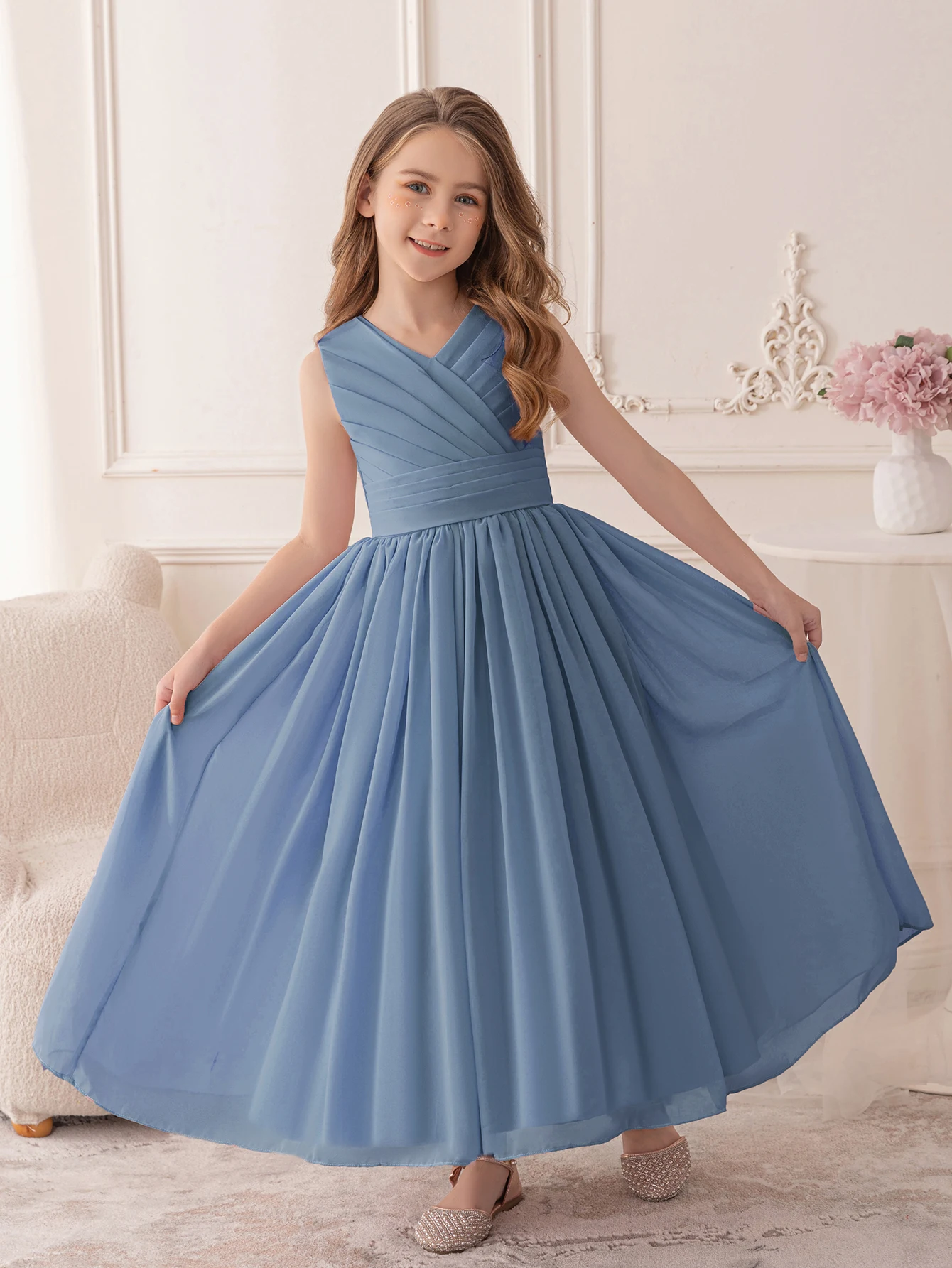 Teenage Gray Blue Chiffon Evening Gown Suitable for Children's Wedding Ceremonies Girl Princess Dress