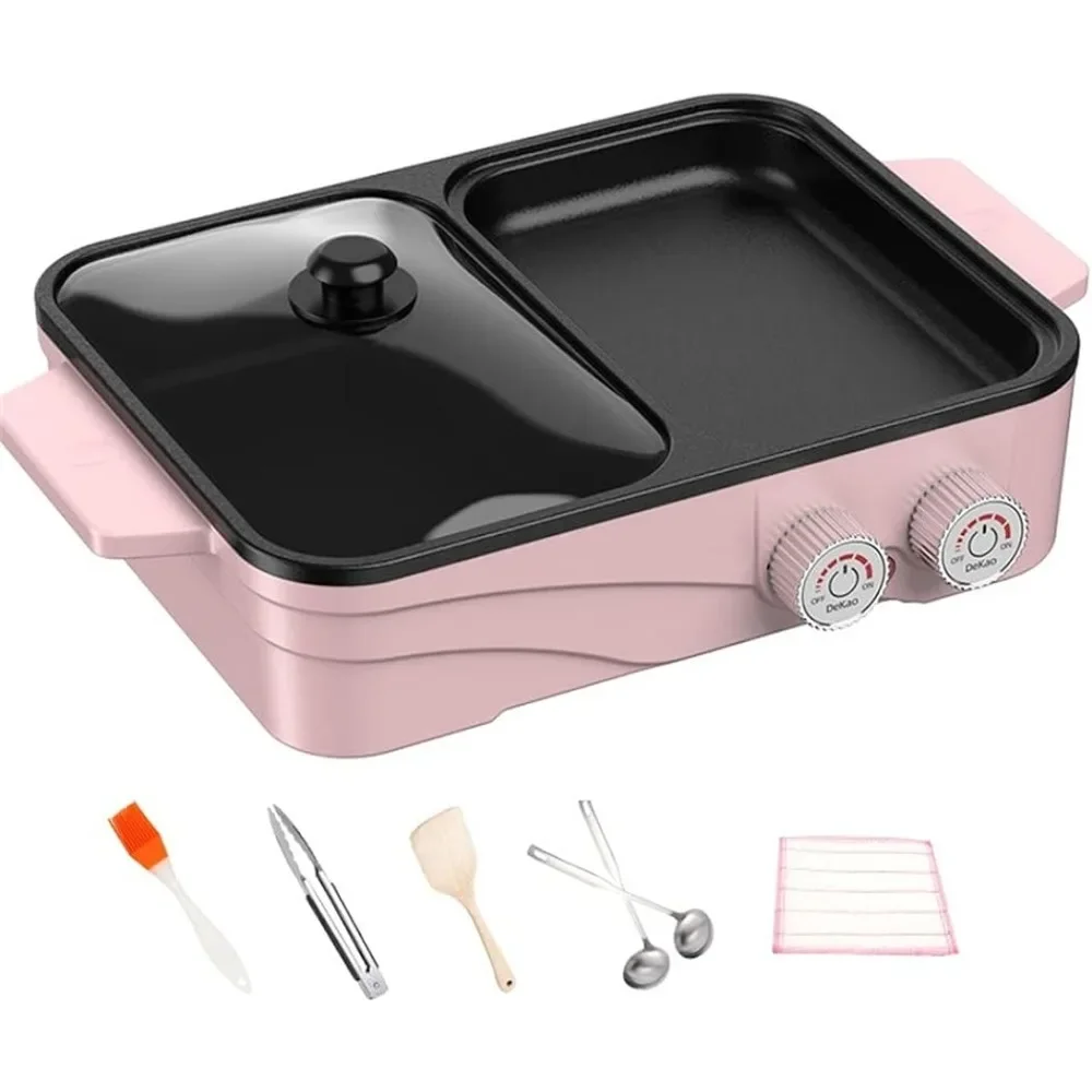 Electric Grill Indoor Hot Pot e,Separate Dual Temperature Contral, for 2-8 People Family Gathering Friend Meeting Party (pink)