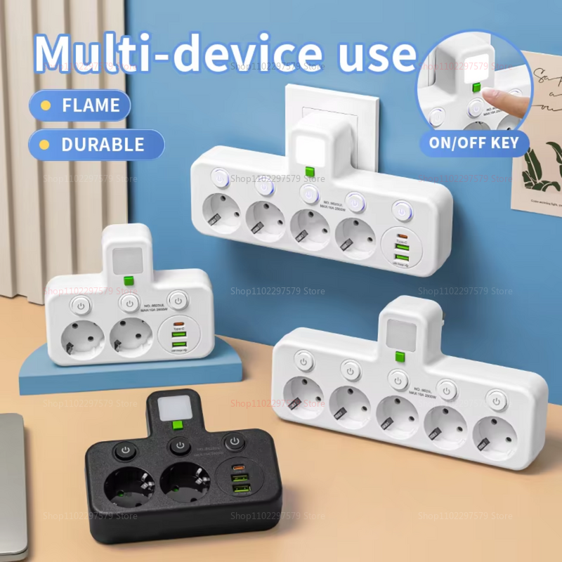  European Standard USB-C Night Light Socket Smart Plug Power Strip with Type C European Wall Outlet for Home Office and Travel 