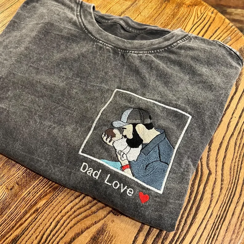 Custom Embroidered Dad Hoodie with Kid Portrait, Personalized T Shirt from Photo, Gift for Him, Father’s Day, Picture Memorial