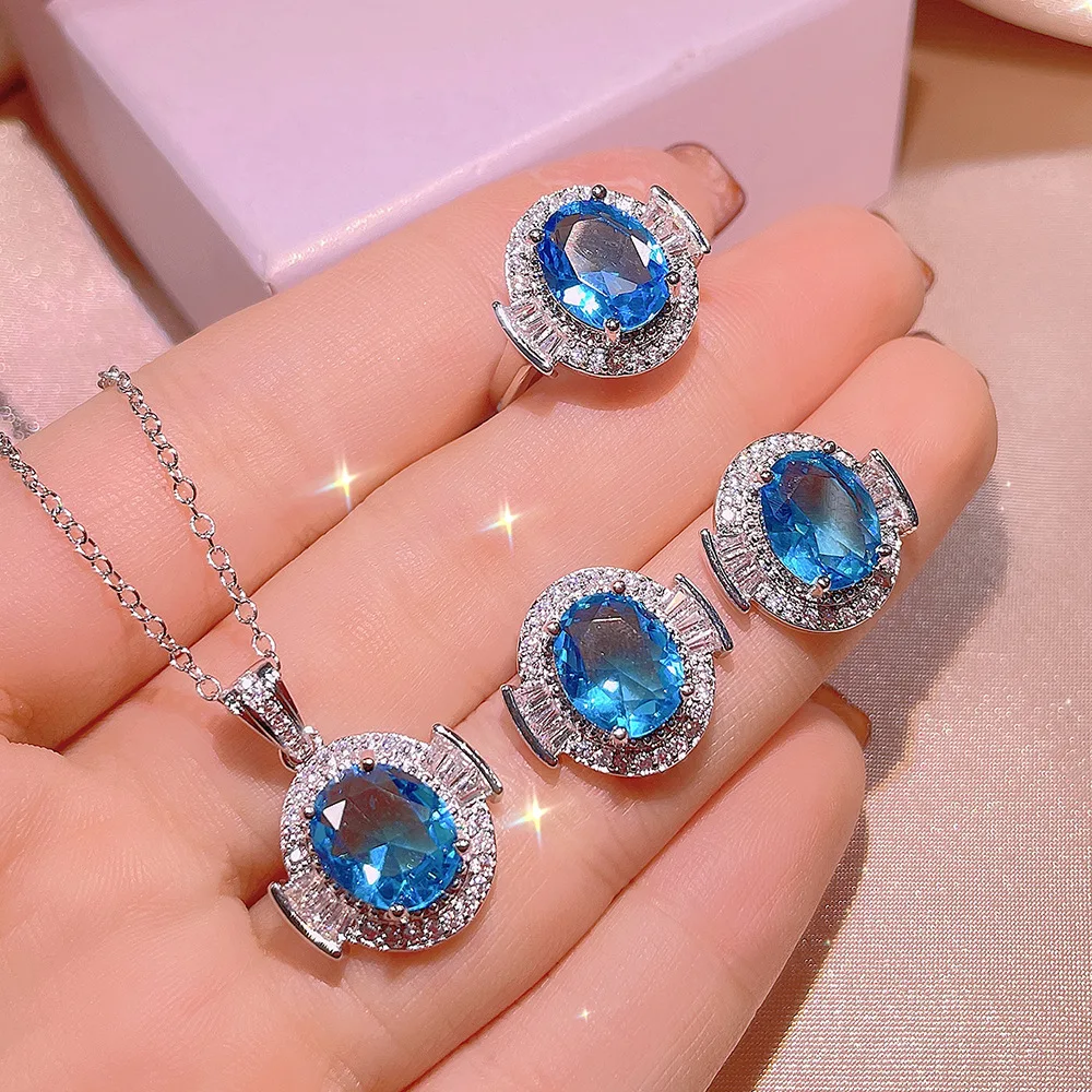 925 Silver High Quality Light Blue Zircon Ring Earring Necklace Three-Pcs Set For Ladies Wedding Party Birthday Jewelry Gift