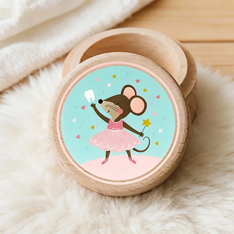 Cartoon Mouse Tooth Pattern 2D Wooden Tooth Keepsake Box Umbilical Cord Box Tooth Fairy Hospital Tag Storage Baby Teeth Gift