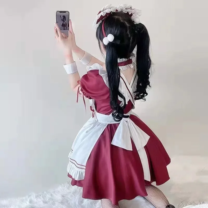 Robe Lolita rouge douce et mignonne pour femme, tenue de femme de chambre sexy, costume de cosplay d'Halloween, servante japonaise, uniforme de nuisette imbibé