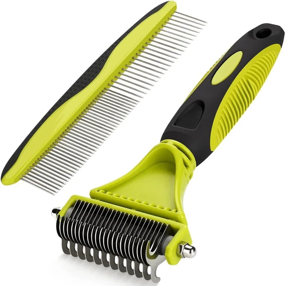 2 Pack - Double Sided Undercoat Rake & Dematting Comb for Matted or Knotted Undercoat Hair, for Medium Long-haired Cats & Dogs