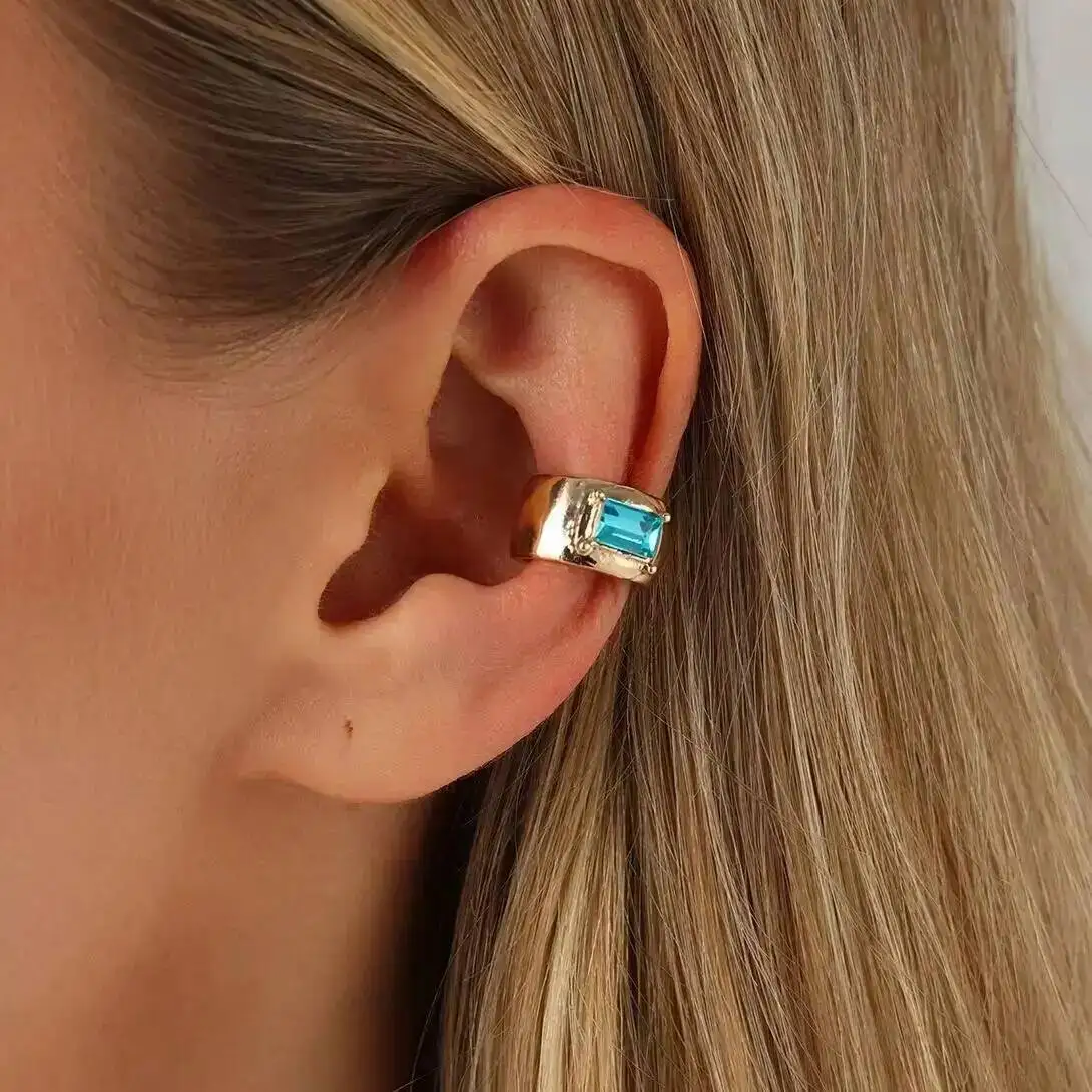 KunJoe Fashion Exquisite Glass Drill Geometric C-Shape Clip Earrings Women Simple Charm No Piercing Metal Ear Jewelry Accessor
