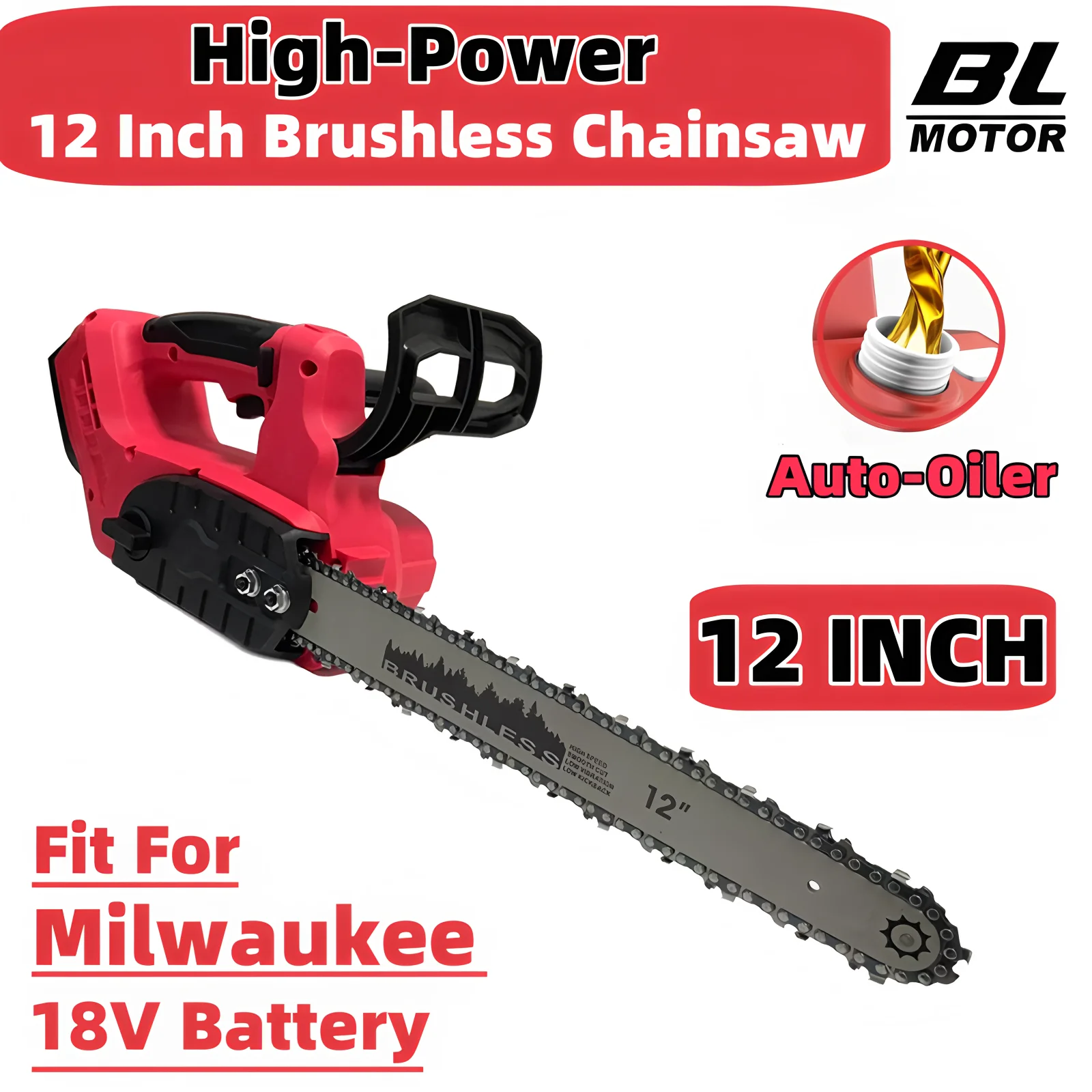 For Milwaukee 18V Battery Brushless 12 Inch Chain Saw High-power Auto Oiler Electric Chainsaw Safety Wood Cutting Power Tools
