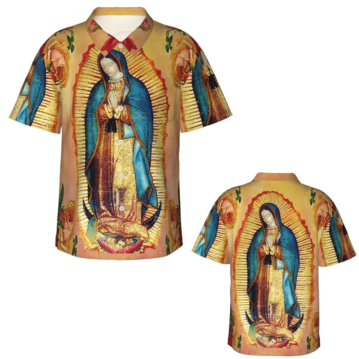Our Lady Of Guadalupe Virgin Mary And Roses Hawaiian Shirts Casual Men Short Sleeve Shirt for Summer Beach Men's Lapel Tops