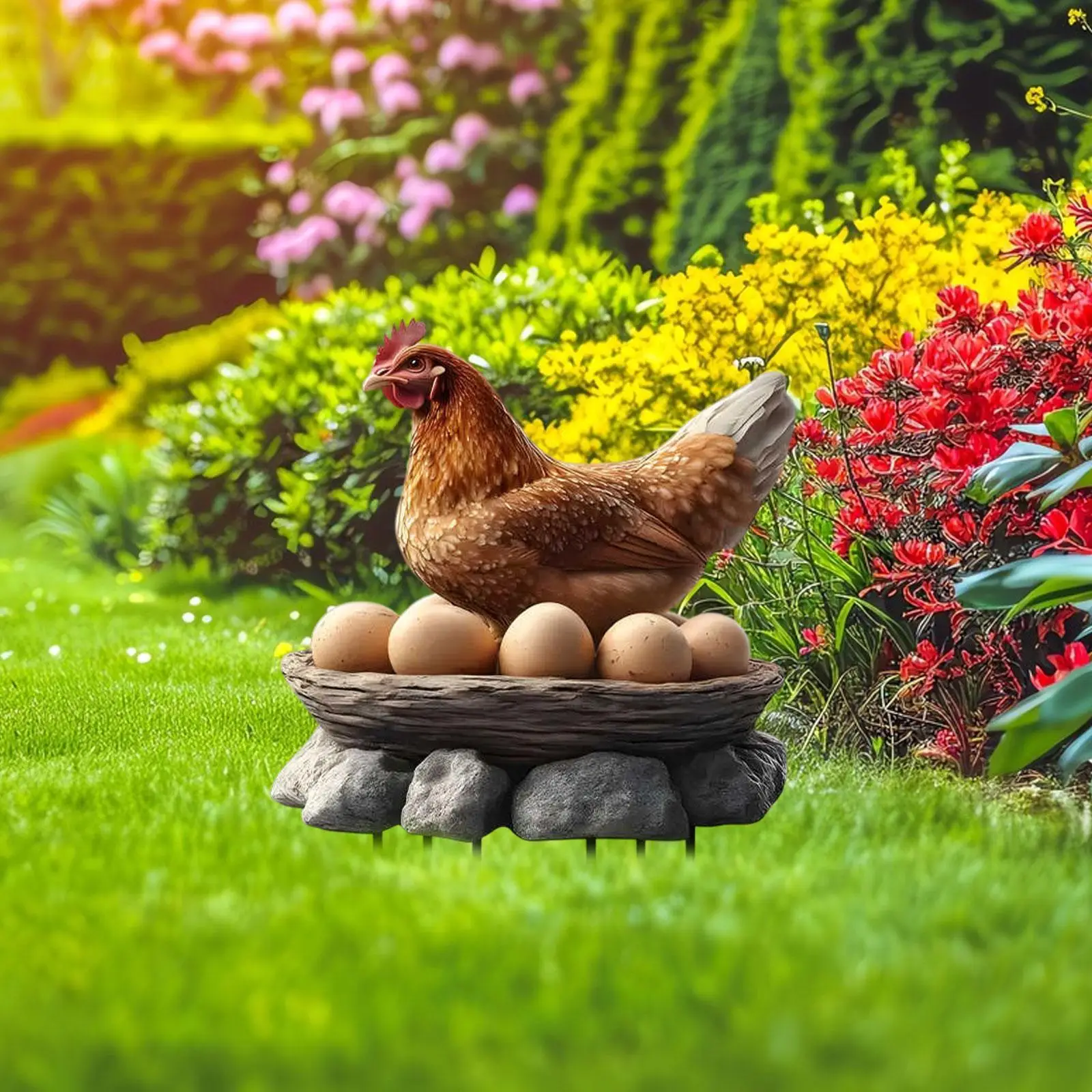 2D Flat Hen Laying Eggs Garden Stake Acrylic Multipurpose 11.8x7.8inch Lightweight Waterproof Lawn Stake Patio Ornament