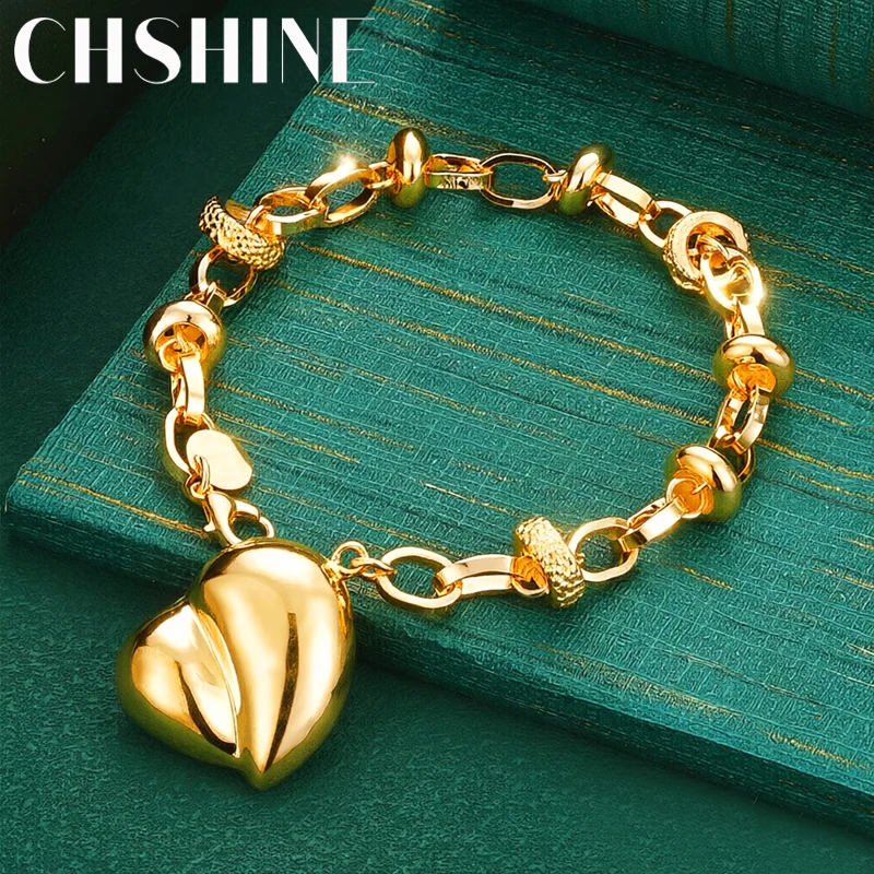 925 Sterling Silver 18K Gold  Large Heart Charm Bracelet Lobster Clasp Textured Chain Fashion Jewelry for Women Gift