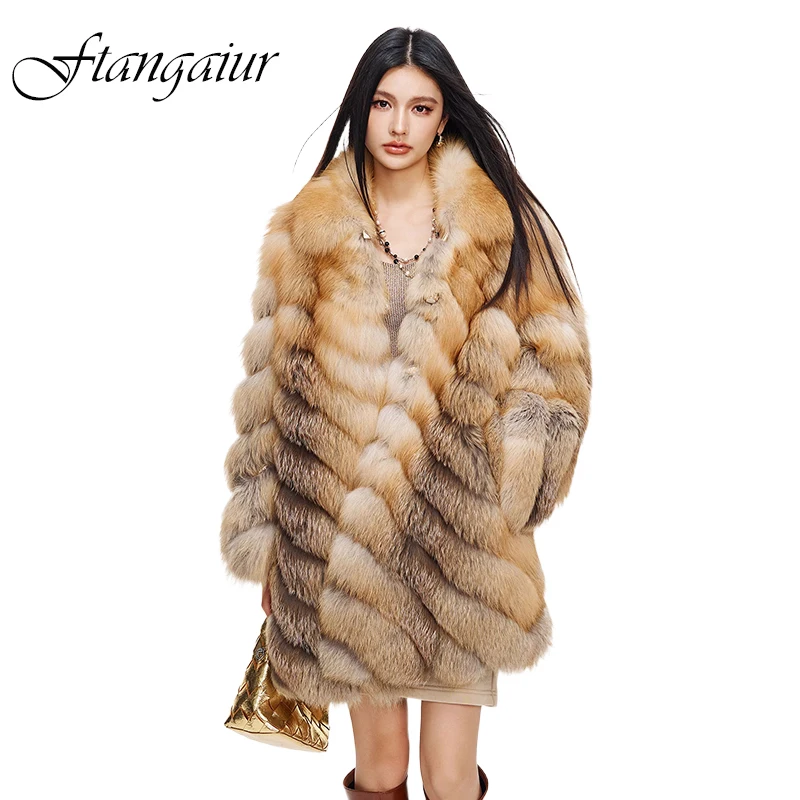 

Ftangaiur Women Winter Finland Import Gold Island Fox Fur Coat Long Sleeve Fox Coats Turn-Down Collar Natural Fox Fur Coats