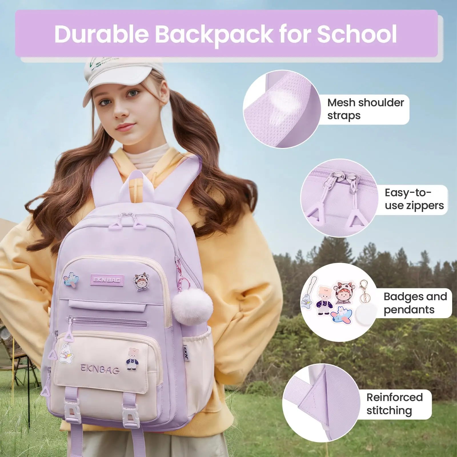 Mochila escolar de 20 litros para niña, Bolsa Escolar Kawaii con colgante, ligera, de nailon