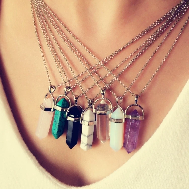 

CHR Multi Color Hexagon Necklace Natural Gemstone Prism Quartz Pendant Choker Necklaces Fashion Jewelry For Gift