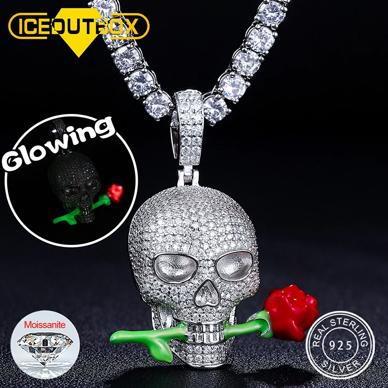 Glowing Moissanite Skull Rose Pendant 925 Silver Jewelry