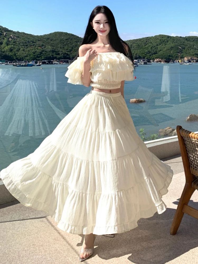 Summer Party Elegant Women Holiday Beach Skirt Suit Sexy Slash Neck Ruffles Crop Tops And High Waist Long Skirts Two Piece Sets