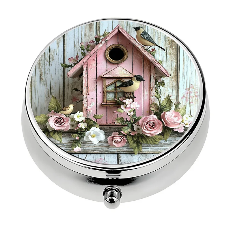 1 mini pill box with 3 compartments, vintage birdhouse theme, mini decorative portable pill box, can be placed in a purse or handbag as a decorative vitamin organizer