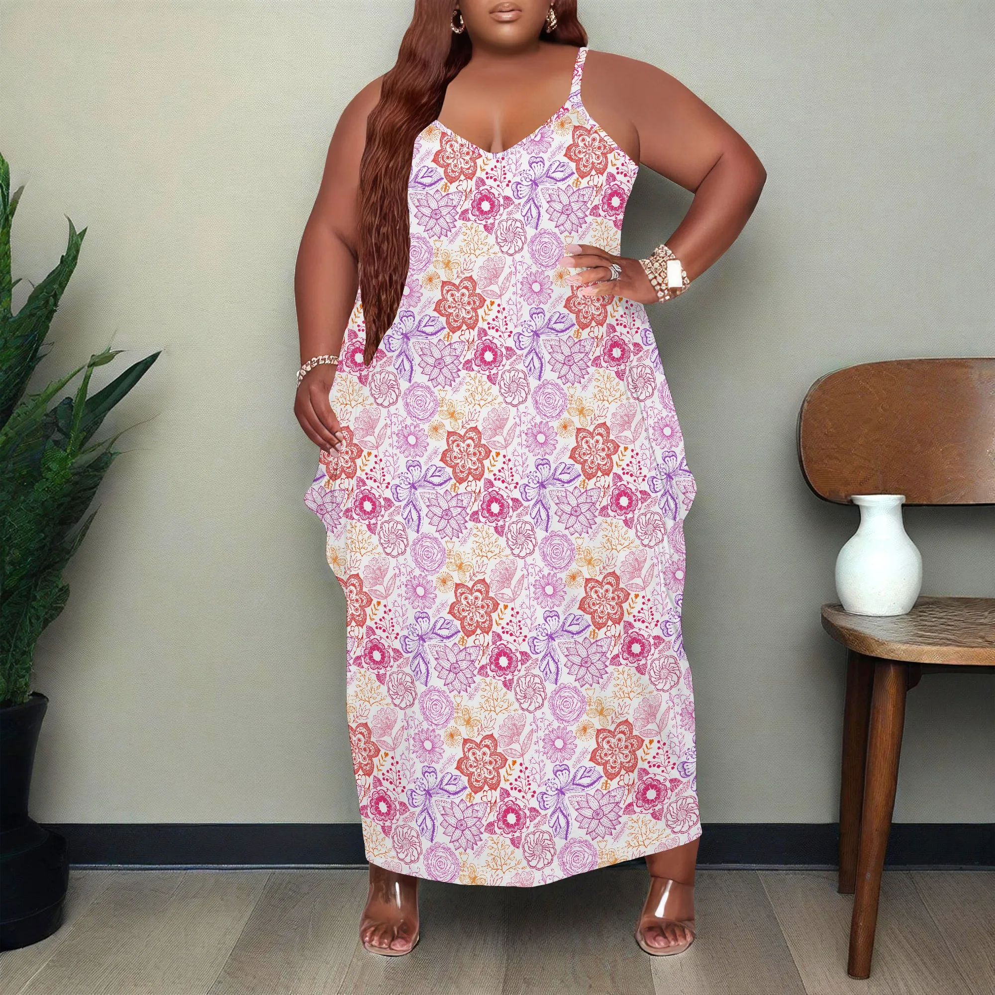 Women's Plus Size Dress Floral Print Loose Halter Maxi Dress with Pocket Stretchy Casual XL-6XL