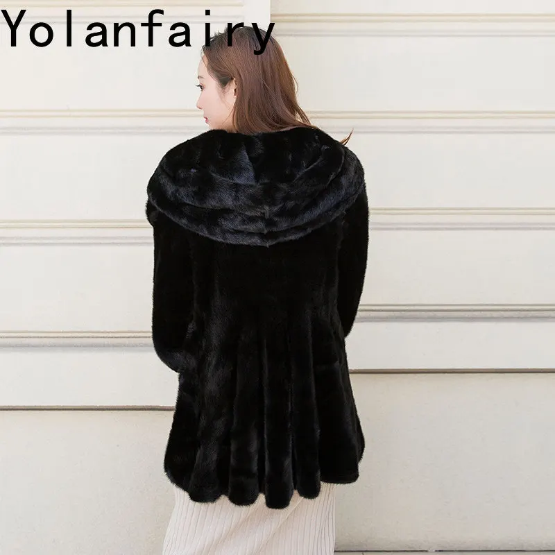 YOLANFAIRY Whole Mink 100% Real Fur Coats Woman Luxury Winter Elegant Shawl Collar Hood Black Natural Mink Fur Jacket 75/80cm