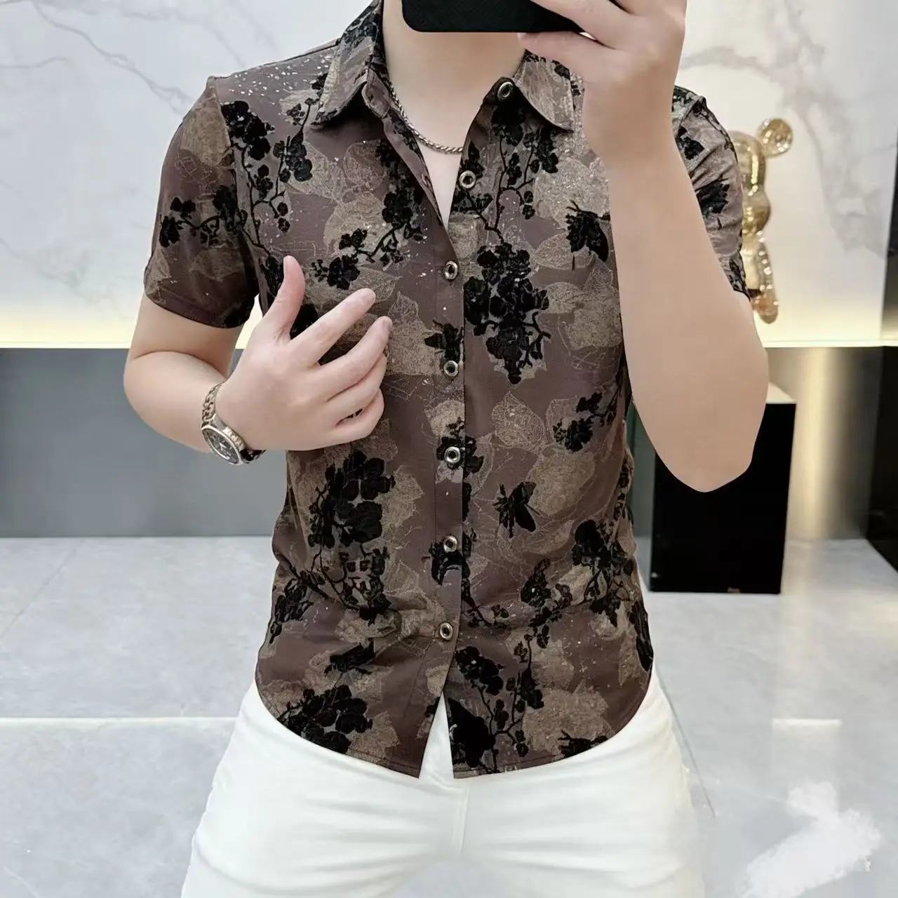 

Fashion Printed Short Sleeved Shirt for Men Slim Fit Elastic Comfortable Casual Shirt Business Social Streetwear T-shirt Top