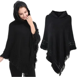 Ladies' Hooded Cape sleeveless Knit Shawl Cardigan with Fringed Hem Crochet Poncho Knitting Patterns for Women