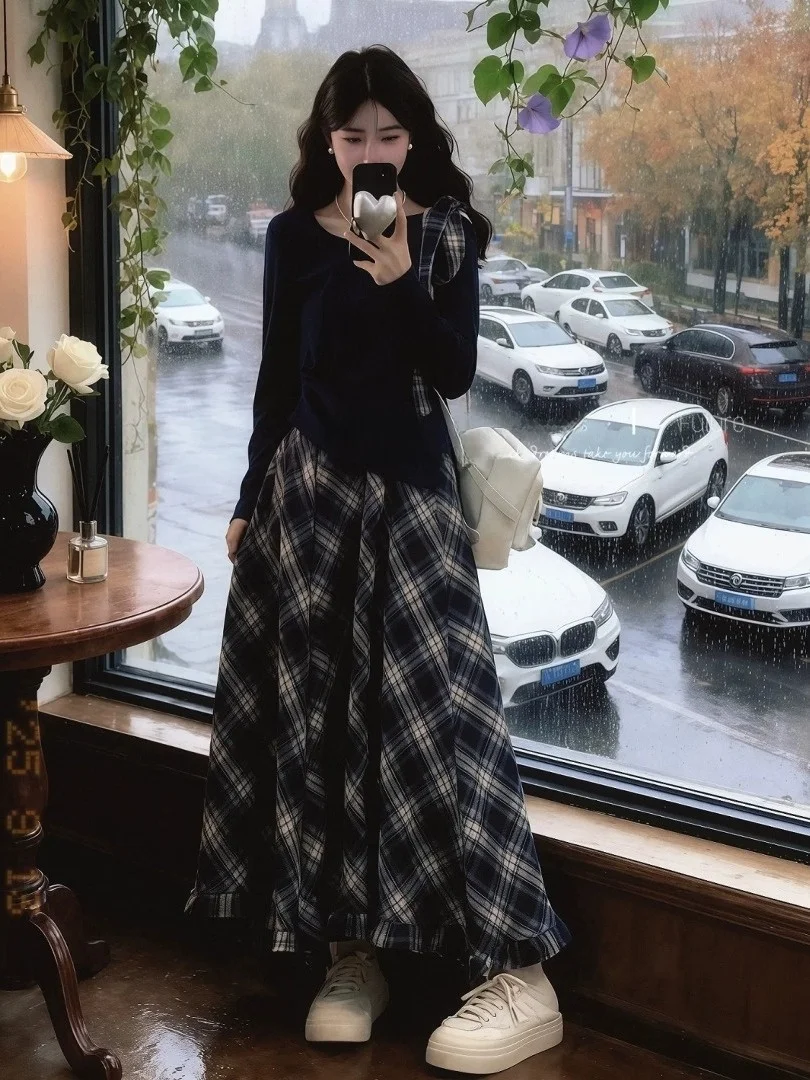 

Spring Faion plus Size Women's Long Sve T-irt Plaid Skirt Set Korean Sle High Waist Knot Casual Wear