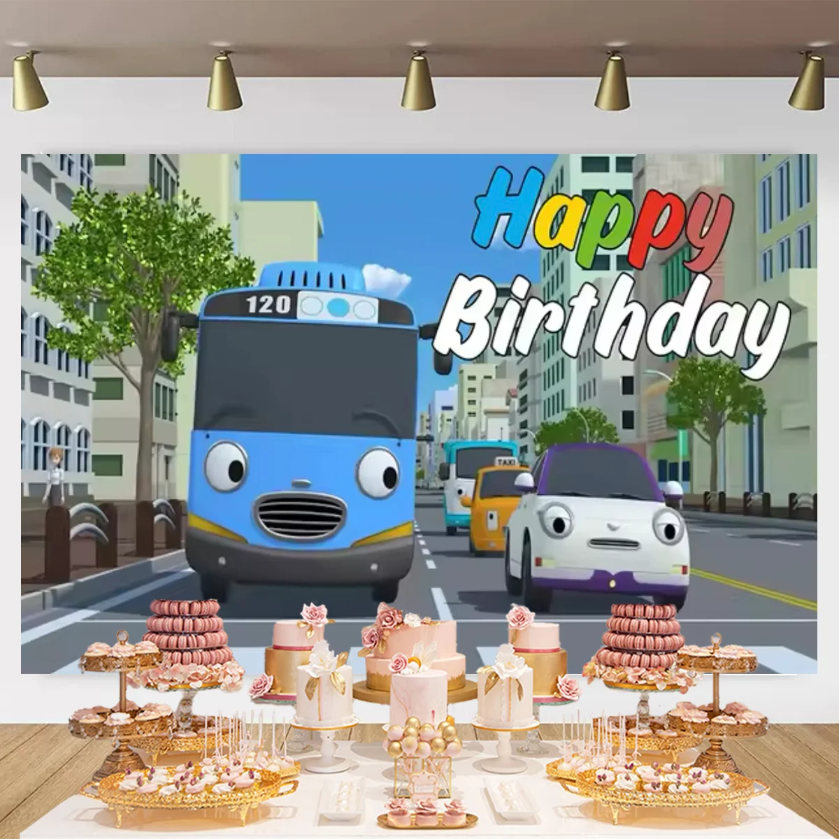 Umi Bus The Tayoes Little Bus Theme Kid Birthday Party Boys Newborn Kid 1 year old Background Toy Bus Station Banner Photo Props