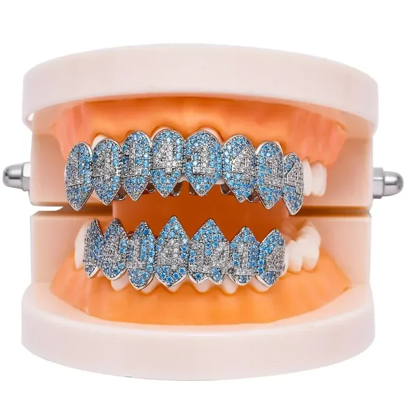 HipHop CZ Teeth Set For Unisex Blue Zircon Top Bottom Mouth Gold Silver 1414 Teeth Cap Removable