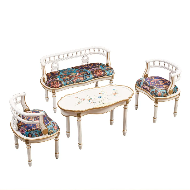 Ivory white chair single double chair oval coffee table living room furniture combination hand-painted flowers and birds