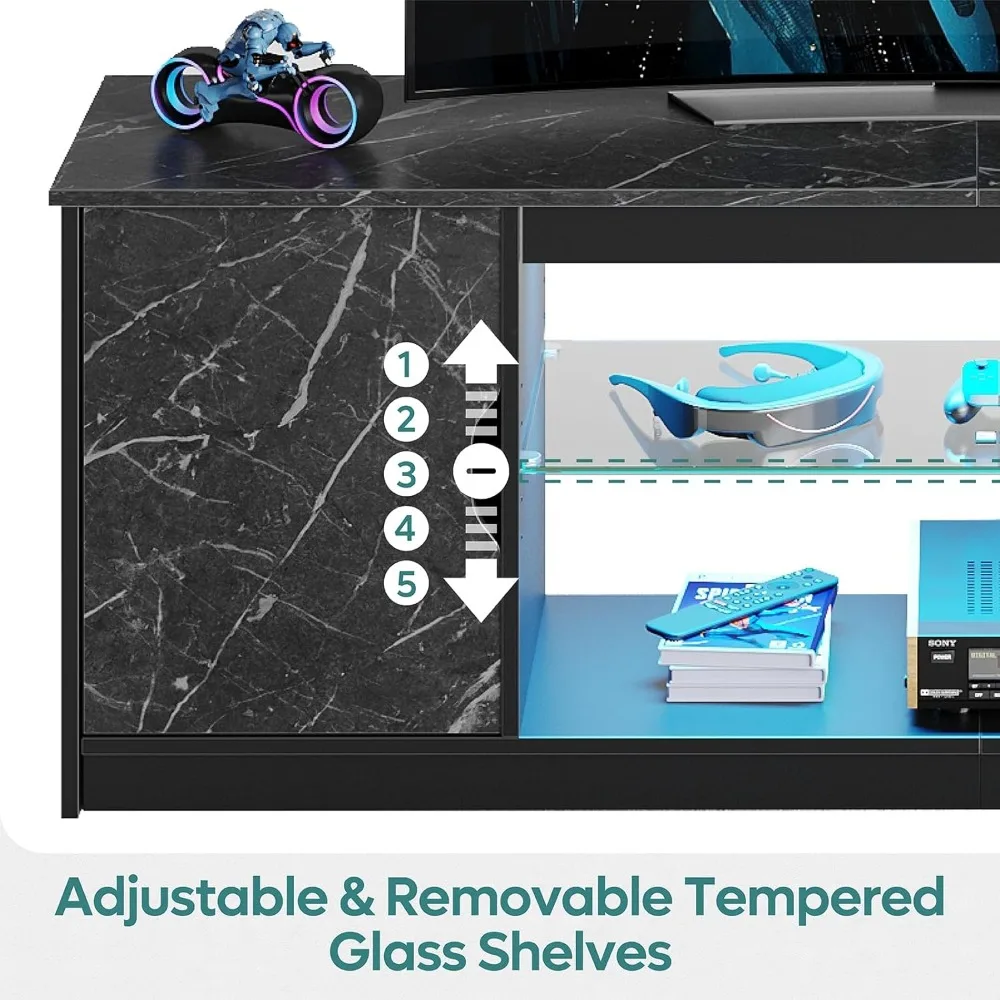 حامل تلفزيون مع منافذ طاقة لغرفة النوم، حامل تلفزيون للألعاب لتلفزيون 65 بوصة، مركز ترفيه أسود لـ PS5، وحدة تحكم تلفزيون