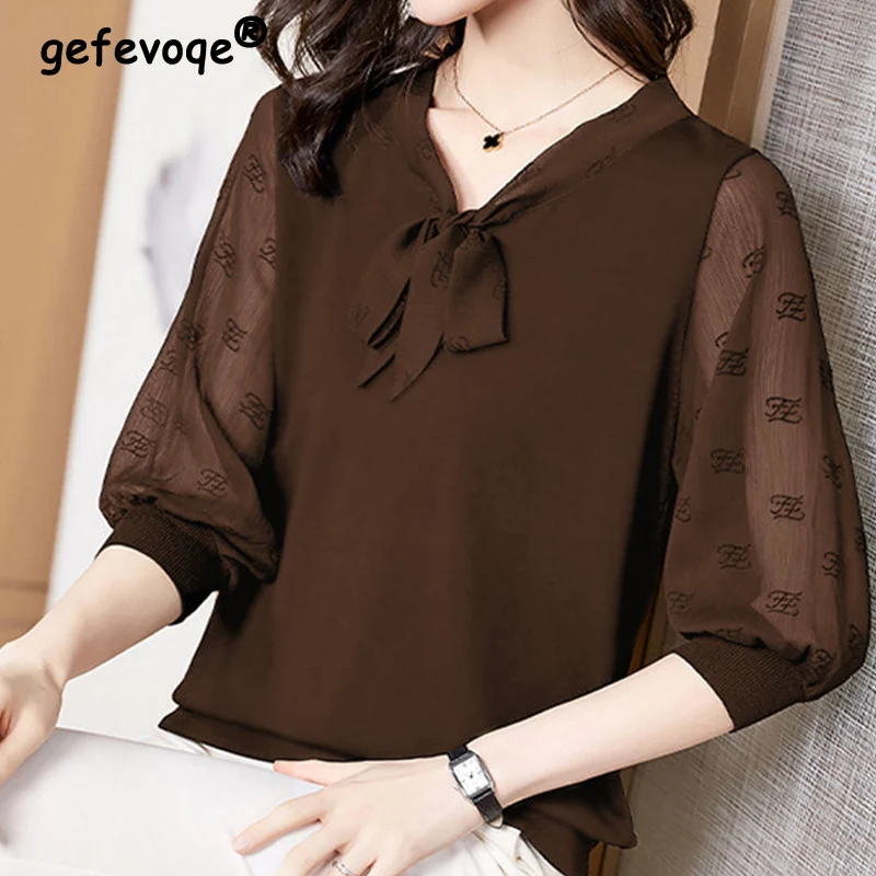 Elegant Fashion Solid Patchwork Drawstring Chiffon Shirt Autumn 2023 V-Neck Half Sleeve Loose Pullovers Blouse Women's Clothing