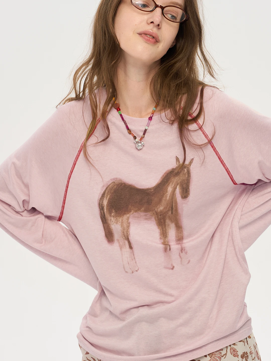 Early Autumn Casual Loose Long Sleeve Women's T-shirt Shoulder Insert Design Base Shirt Chic Pink Color Comfortable Base Laye...