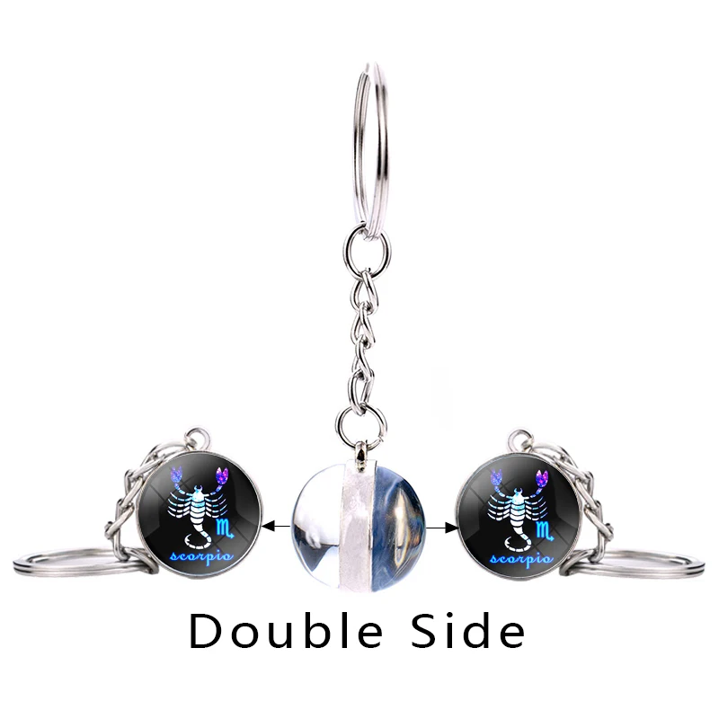 Glow In The Dark 12 Constellation Key Ring Double-Sided Zodiac Glass Ball Metal Keychain Pendant Key Chain Birthday Gift