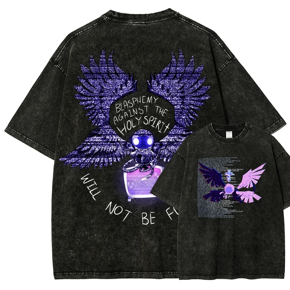 The Binding of Isaac Game Double Print T-shirt Unisex Vintage Washed Short Sleeve Tee Gothic Casual Oversized Streetwear Tops