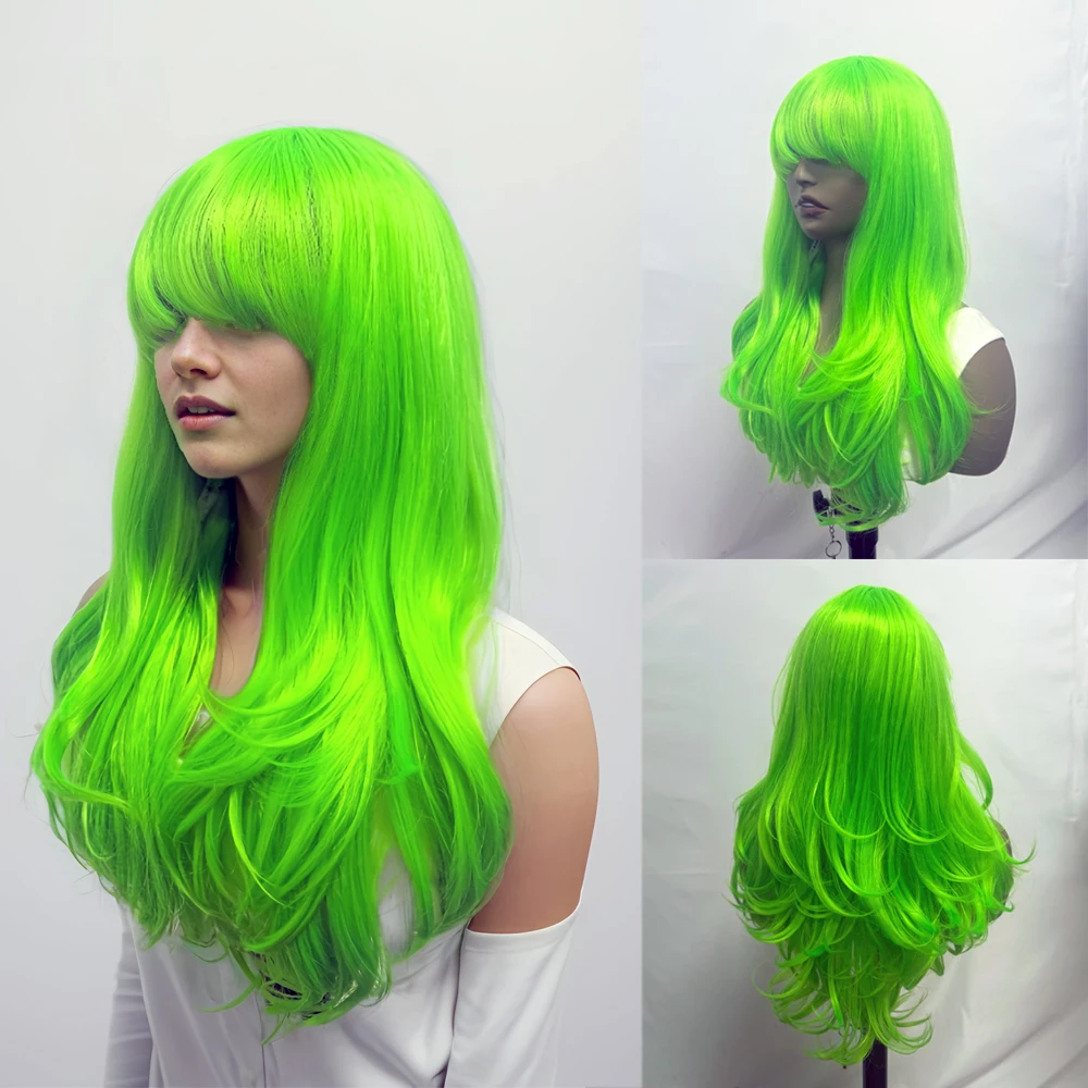 24inch Long Wavy Synthetic Green Wig with Bangs for Women Fashion Cosplay Wig for Daily Party