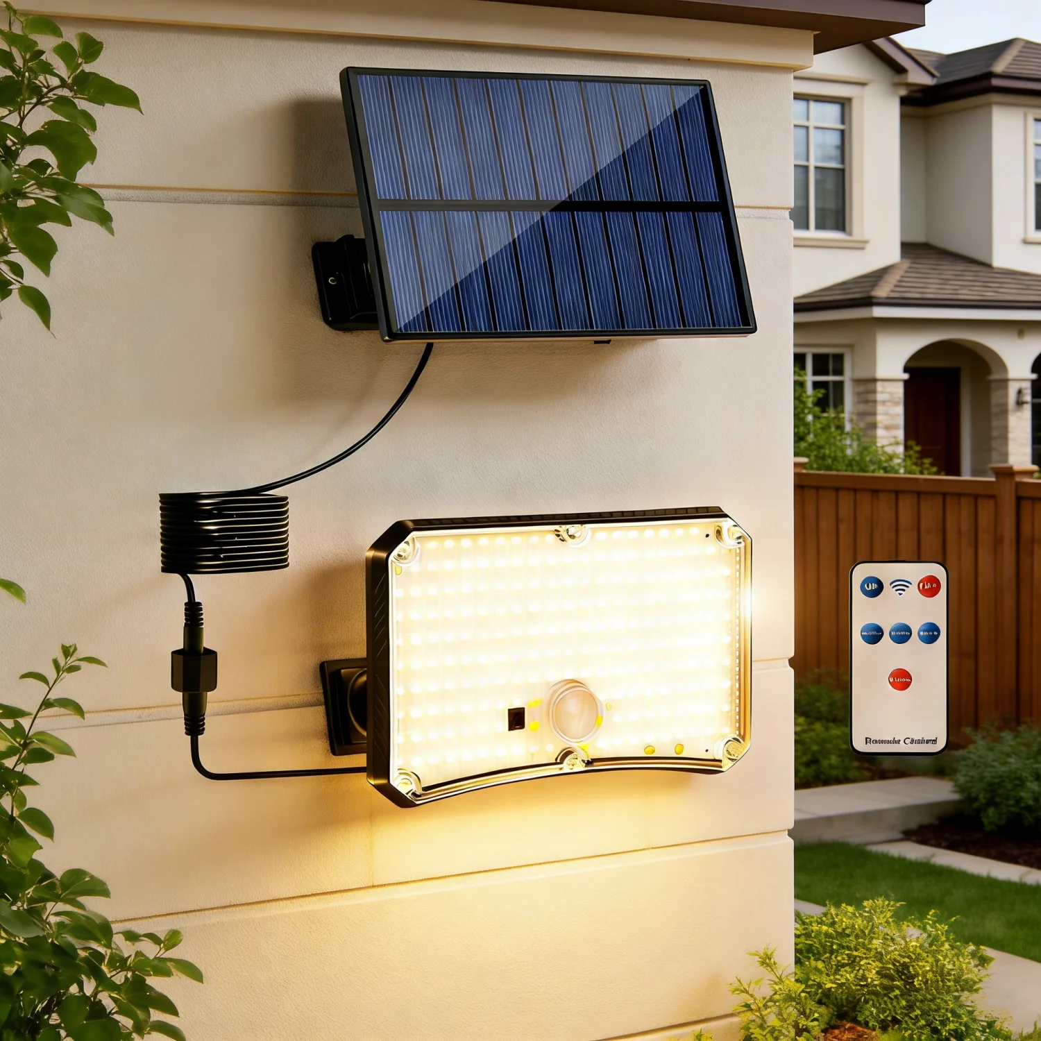 

Солнечный светильник на 200 светодиодов, теплый белый свет: датчик движения, 3 режима, пульт дистанционного управления | Водонепроницаемость IP65 | Уличный светильник для двора