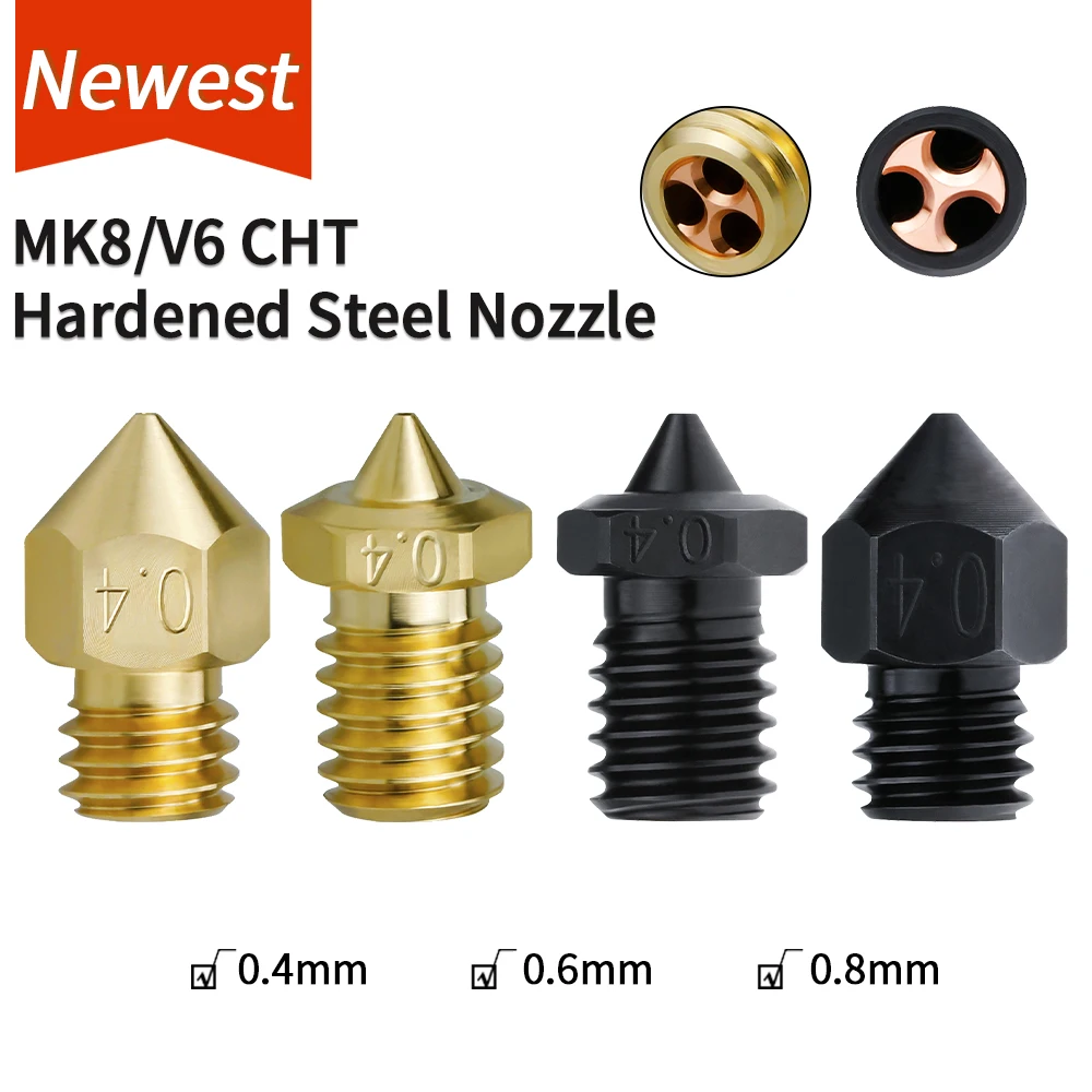 MK8/V6 CHT Brass Hardened Steel Nozzle MK8 Nozzle M6 High Flow Copper High Temperature Wear Resistance For 1.75/3.0 MM Filament