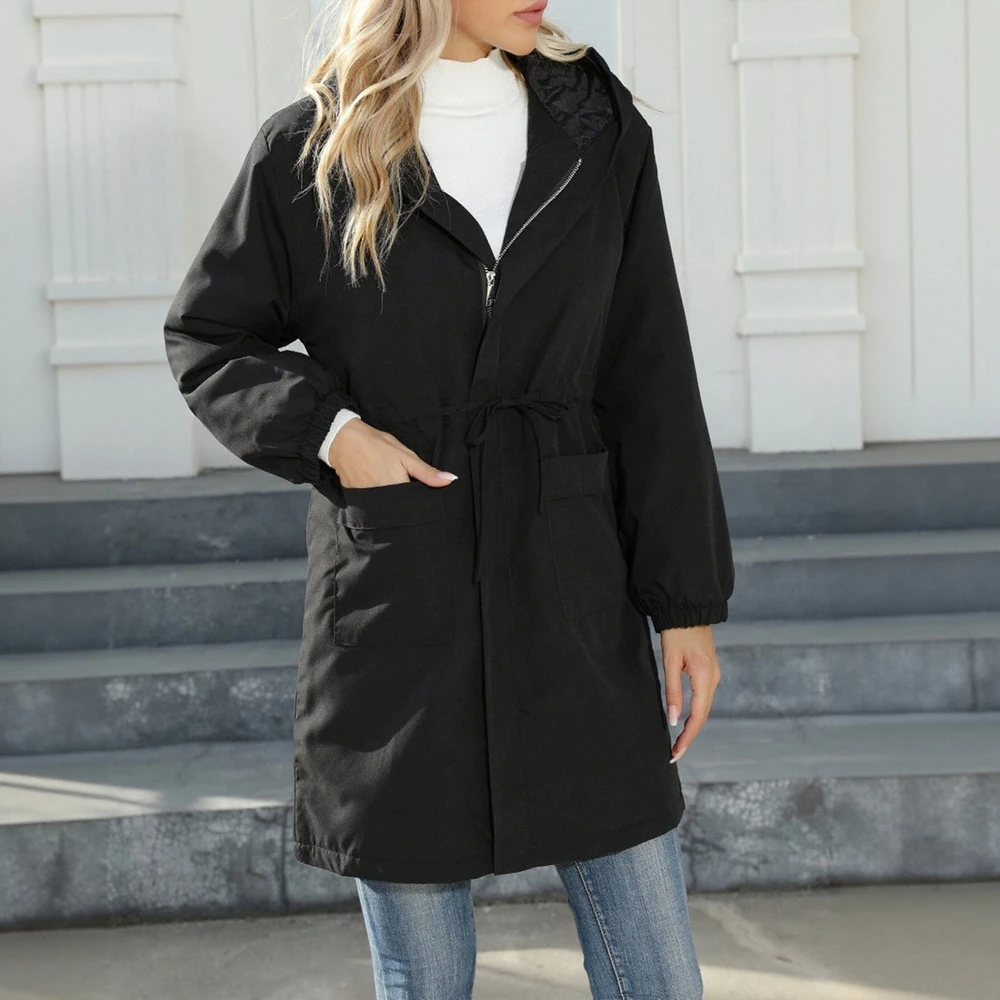 

Женский повседневный длинный плащ, осенний простой длинный рукав с капюшоном и молнией, повседневная стильная ветровка для женщин