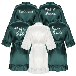 Green Bridesmaid Mother of The Bride Robes With Ruffle White Letters Satin Bridal Party Bathrobe Wedding Gift