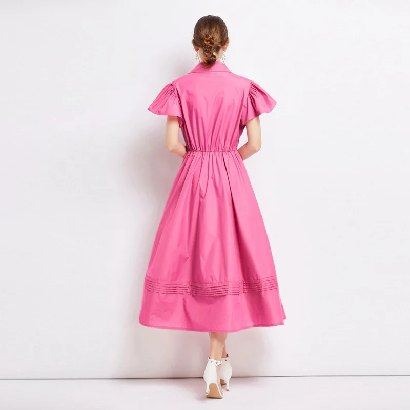 2025 French Retro Hollow Lace Patchwork Strap Slim Waist Short Sleeved Shirt Dress for Women Elegant A-line Long Vestido