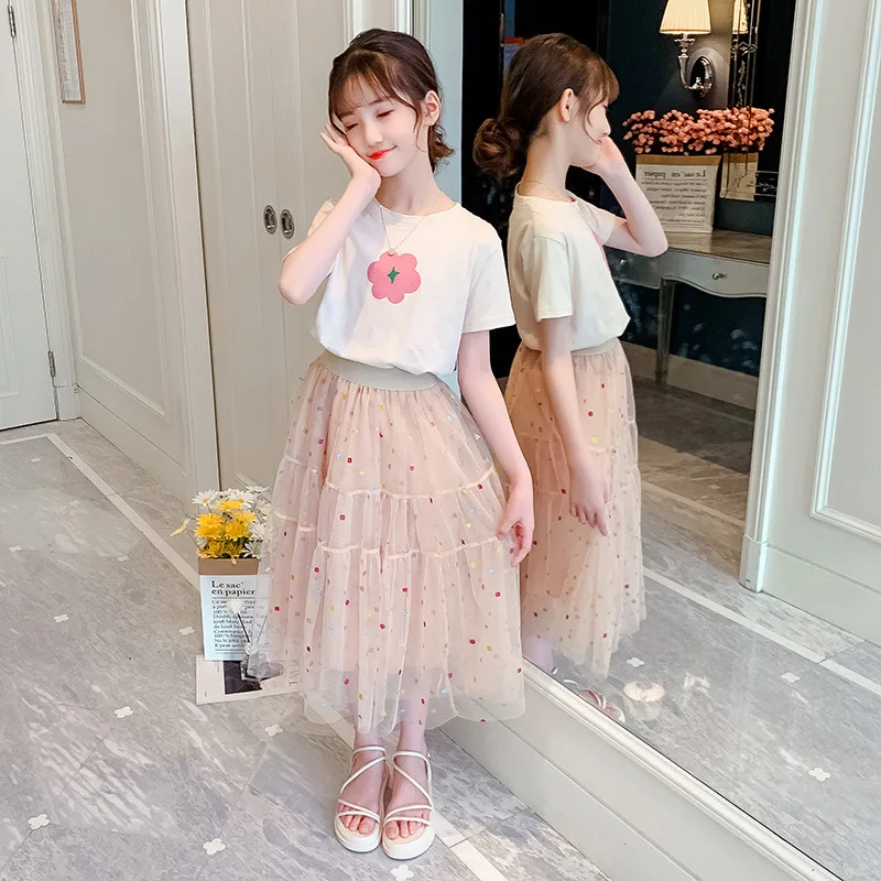 Fashion Girls Dress Summer Kids Outfits T-shirt + Dress 2PCS School Casual Children Short Sleeve Dresses For Girl Teen 4-12 Year image 5