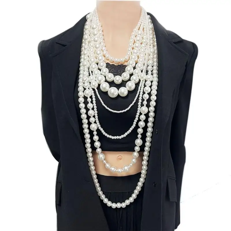R7UF Stackable 7 Strand Faux Pearls Statement Necklace And Earrings For Ladies