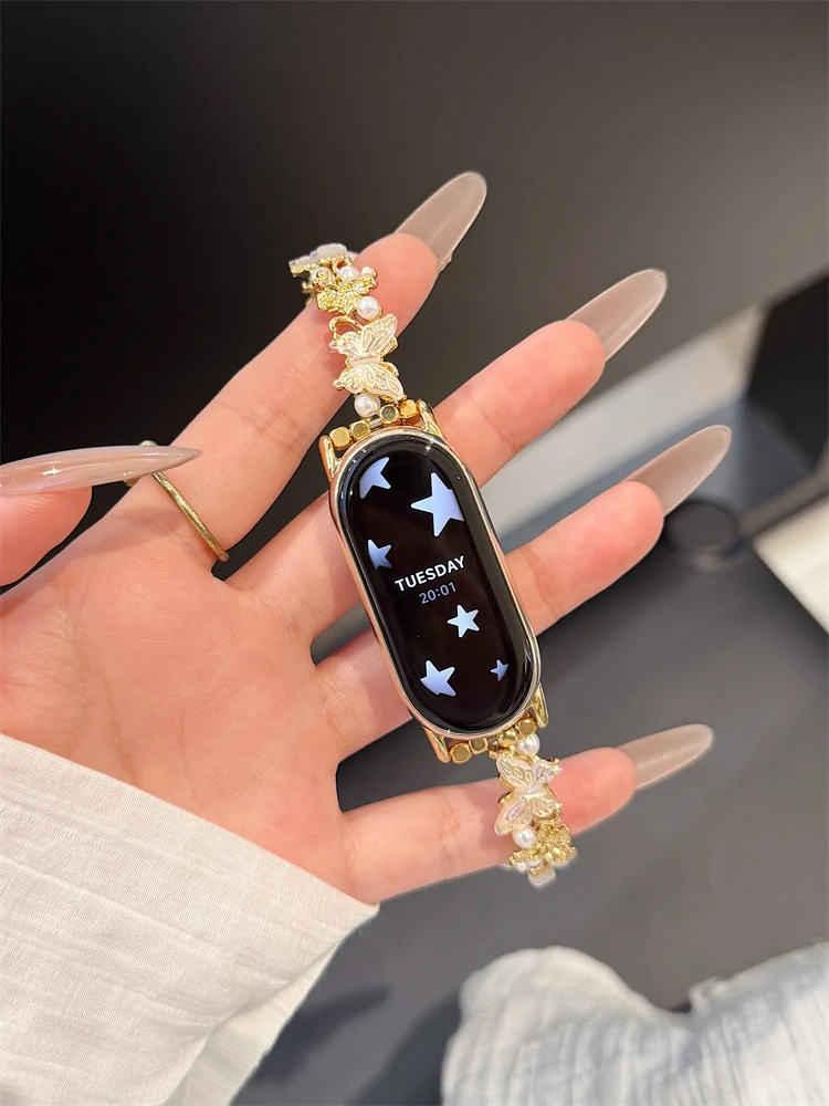 

Butterfly Pearl Chain Strap Suitable Xiaomi Band 8Pro/9Pro，For Mi band 3/4/5/6/7，8/8NFC/9/9NFC/10/10NFC，For Redmi Watch5/4