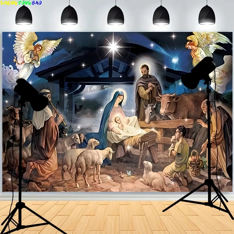 

SHUOZHIKE Nativity Scene Manger Photography Backdrops Props Christmas Day Fireplace Birth of Jesus New Year Background RD-94